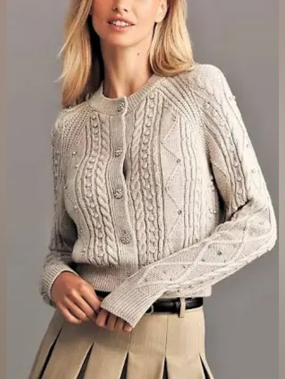 Anthropologie Maeve Gem-Embellished Cable-Knit Cardigan Sweater - Picture 4 of 10